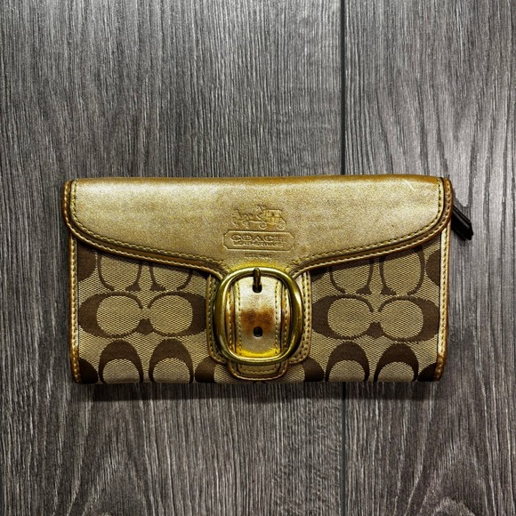 Coach Handbags - Coach Signature C Metallic Gold Leather Buckle Slim Tri-Fold Long Wallet